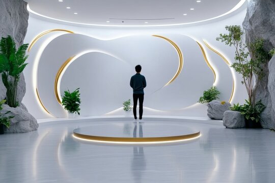 A person standing in a minimalist art gallery, reflecting on the abstract shapes and forms, experiencing them without preconceived ideas, aligned with phenomenology&acirc;&euro;&trade;s focus on pure perception