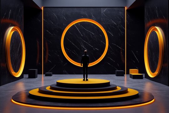 A person standing in a minimalist art gallery, reflecting on the abstract shapes and forms, experiencing them without preconceived ideas, aligned with phenomenology&acirc;&euro;&trade;s focus on pure perception