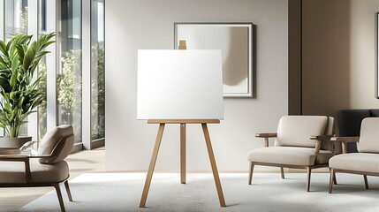 An empty canvas on a contemporary easel under soft spotlighting, surrounded by luxurious furnishings and elegant details in the room.