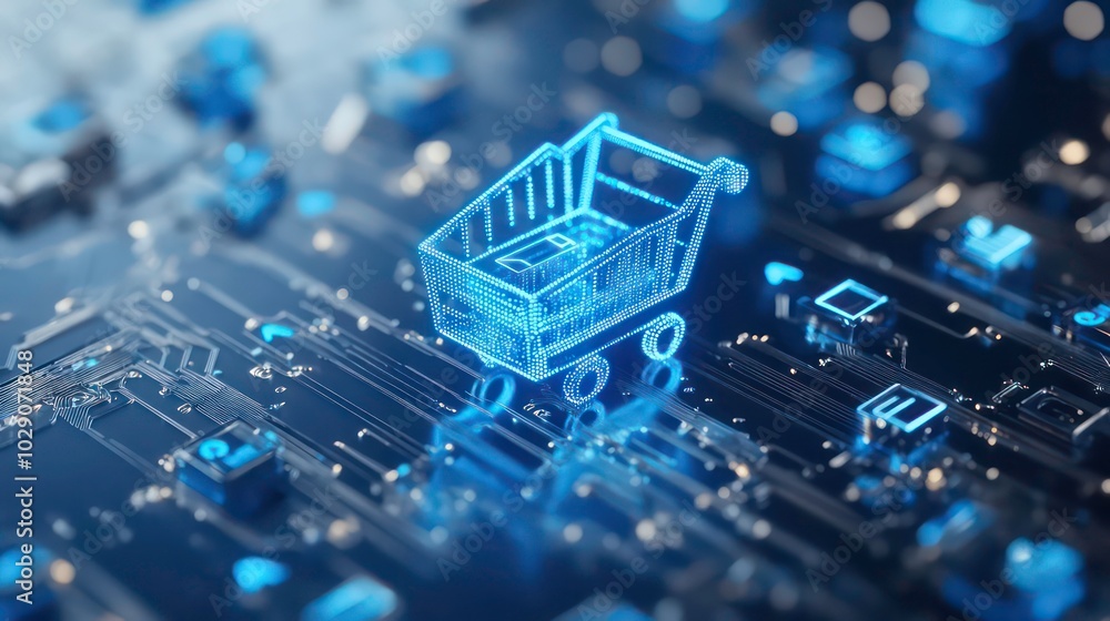 Poster a 3d rendering of a glowing blue shopping cart icon on a circuit board, representing the concept of 