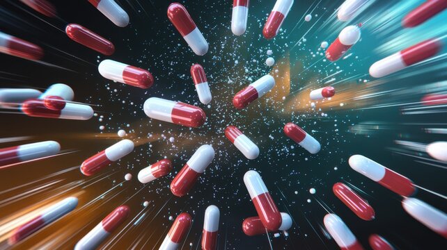 Abstract view of capsules in motion against a cosmic background, vibrant and dynamic.