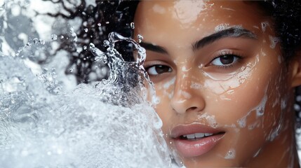 Model splashing water onto their face in a dynamic shot, illustrating the refreshing and rejuvenating effect of a facial cleanser