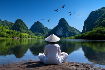 A poet writing haiku by a tranquil riverside, with mountains in the background and birds flying overhead, capturing the quiet, reflective moments that inspire Eastern poetry