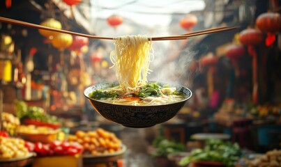 Steaming noodle soup with chopsticks in a market.