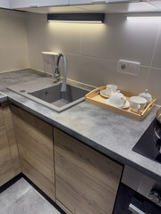 Modern kitchen interior in scandinavian style, with worktop.