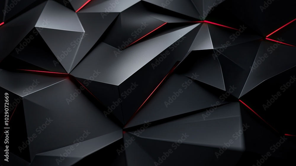 Poster Abstract black and red geometric pattern with sharp edges and glowing lines.