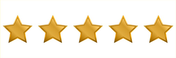 Obraz premium Five yellow stars isolated on white background. Customer feedback concept. Product rating by setting golden stars. Quality symbol.