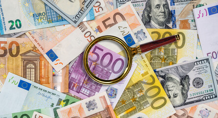 Two leading currencies - dollar and euro bills for desing