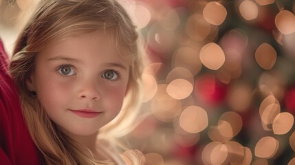 Young girl with long blonde hair and sparkling blue eyes gazes with an innocent smile, standing in front of a festive background filled with colorful bokeh lights