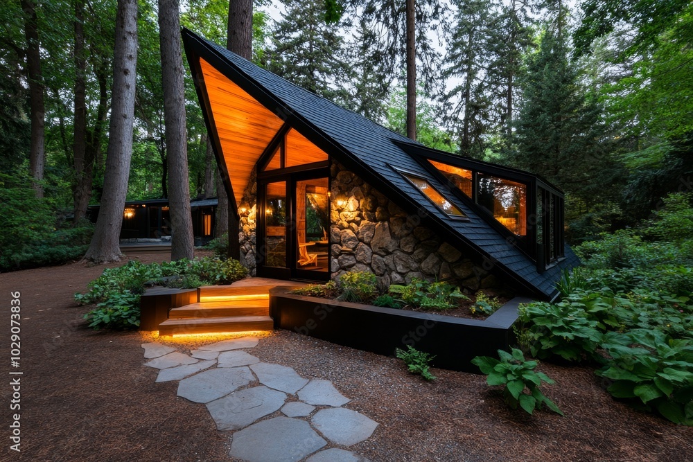 Aufkleber a small stone cottage nestled in a clearing, surrounded by towering pines and oaks, with the soft li