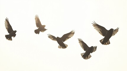 Obraz premium Five birds in flight, silhouetted against a bright white sky.