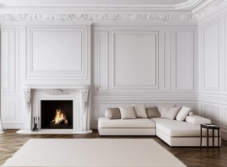 Fototapeta premium A bright, minimalist living room with white walls, a fireplace, and a white sectional sofa.