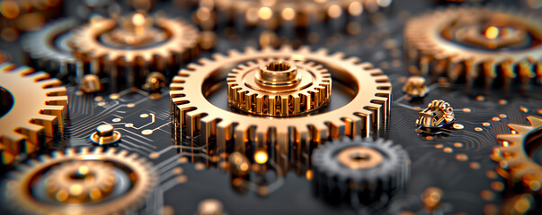 A close up of a mechanical gear with a gold finish. The gears are all different sizes and are arranged in a way that creates a sense of movement and complexity. Concept of precision and engineering