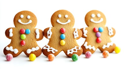 Fototapeta premium Gingerbread man cookies decorated with icing and candy buttons, isolated on white background, festive and fun