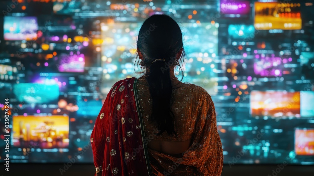 Poster rear view of an indian woman engaging with virtual content streams in a dynamic and colorful digital