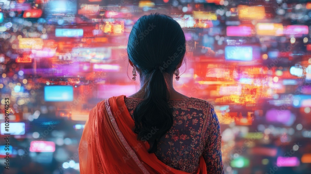 Aufkleber rear view of an indian woman engaging with virtual content streams in a dynamic and colorful digital