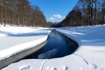 A snowy landscape with a frozen river cutting through the middle, the stillness of the water beneath the ice creating a peaceful winter scene