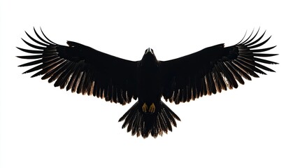 Obraz premium A black silhouette of an eagle with its wings spread wide, isolated against a white background.