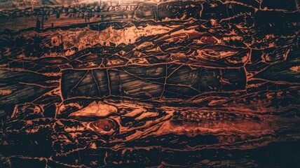 Ancient inscriptions on wood, dark textured background, rich details and history.