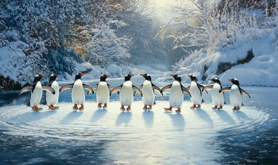 Penguins ice skating on a frozen lake.