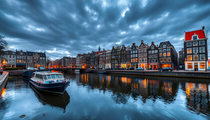 Fototapeta premium Beautiful Amsterdam canal with iconic traditional houses and boat at dusk, reflecting in the calm waters under a cloudy sky isolated with white highlights, png