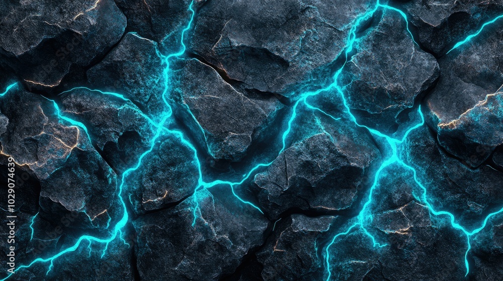 Poster rock texture with glowing cyan cracks spreading like lightning, highlighting the rough and uneven su