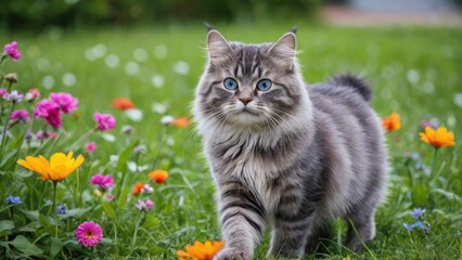 Fototapeta premium Blue siberian cat in flower field