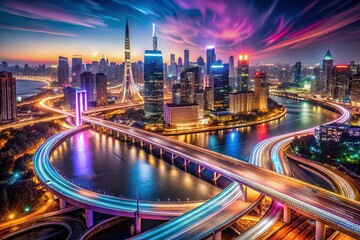 Fototapeta premium Neon Liquid Flow in Urban Landscape - Stunning Drone Photography