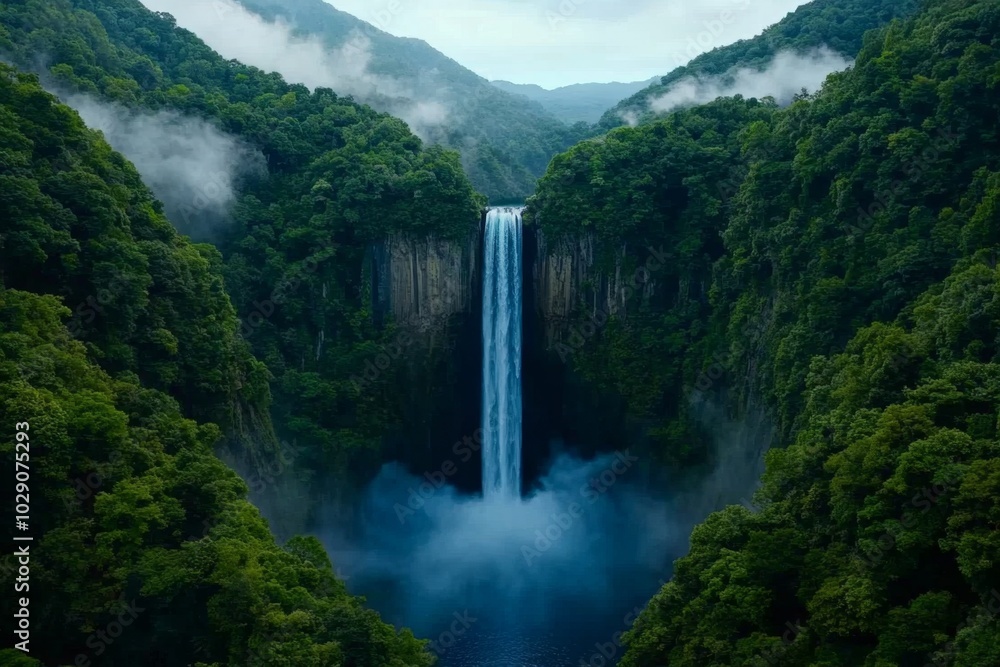 Poster a towering waterfall hidden deep within a magical forest, with mist rising from the cascading water 