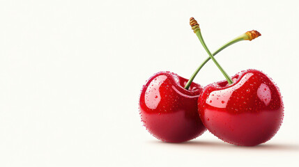 Fresh and glossy cherries with droplets of water, showcasing their vibrant red color and natural shine, evoke sense of freshness and sweetness