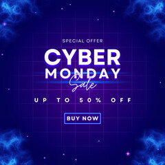 Obraz premium Cyber Monday Neon light 2024 Cyber Monday Sale social media and Instagram Post