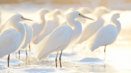 Obraz premium Serene Winter Scene of Snowy Egrets on Frozen Lake - Ultra-Detailed, Cinematic Light
