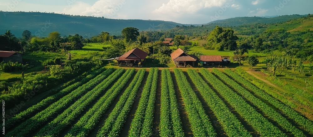 Poster aerial view of a farm with rows of crops and two houses in the background.