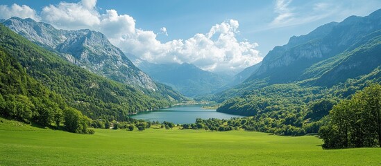 A serene lake nestled in a valley, surrounded by lush green hills and mountains under a bright blue sky with puffy white clouds.