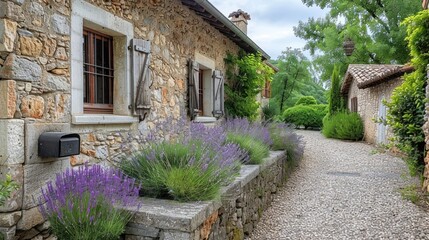 Obraz premium Stone Cottage with Lavender and a Gravel Pathway