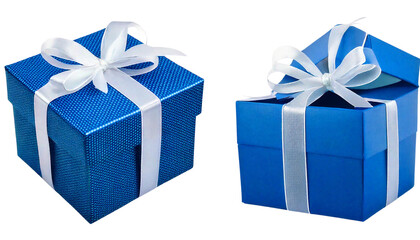 Obraz premium Collection of Blue Gift Boxes with White Ribbons - Isolated Transparent Background