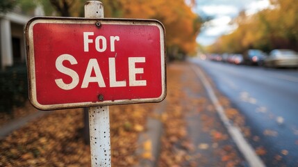 Autumn leaves by the roadside with a red For Sale sign indicating property availability along a suburban street lined with trees