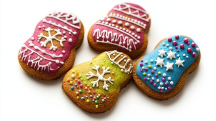 Holiday gingerbread cookies shaped like mittens and stars, decorated with festive icing and sprinkles, isolated on white background