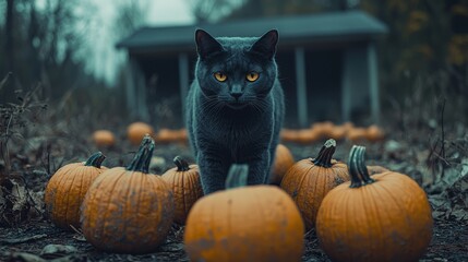 Black Cat Among Pumpkins in Autumn Forest