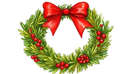 Red velvet Christmas bow tied to a wreath made of pine branches and berries, creating a festive holiday welcome.