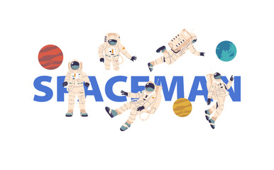 Vector Poster Featuring Spacemen In Suits Floating Among Planets Capture Adventure And Excitement Of Space Exploration