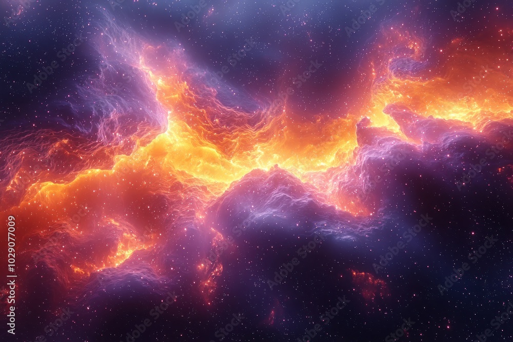 Wall mural vibrant cosmic nebula with fiery clouds of gas and glowing stars in deep space, showcasing the beaut