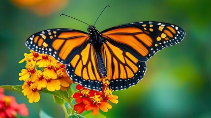 Obraz premium A vibrant orange and black monarch butterfly with black veins and white spots on its wings perches on yellow and orange flowers with green foliage in the background.