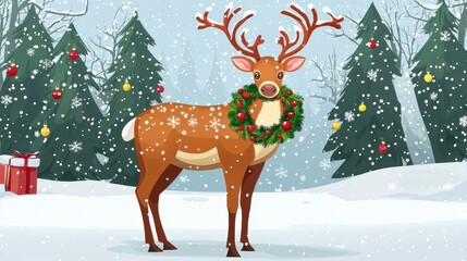 Fototapeta premium Reindeer with Christmas wreath around neck, holiday snow scene, flat design illustration