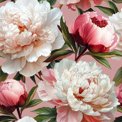 Seamless vector pattern with white and pink peony flowers isolated on a changeable background. © Anna