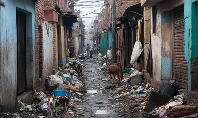 Narrow, trash-filled alleyway in a crowded city.