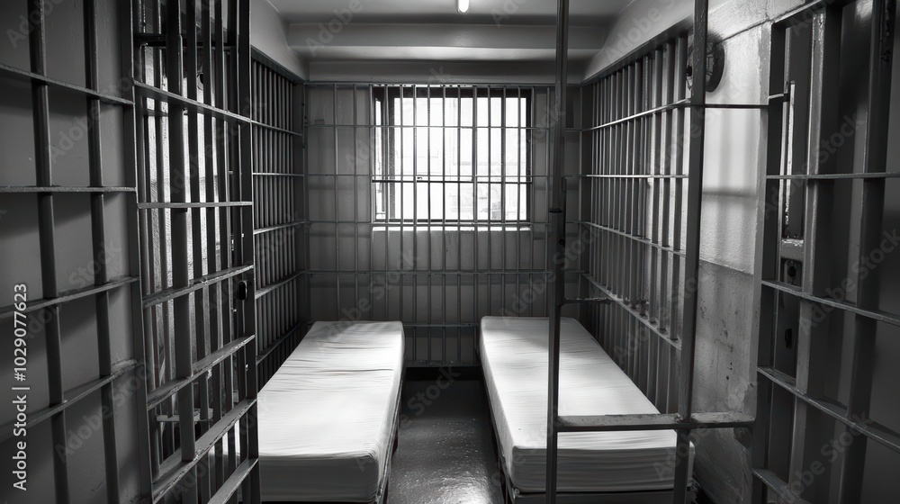 Wall mural Prison interior with jail cells and a dark, oppressive background