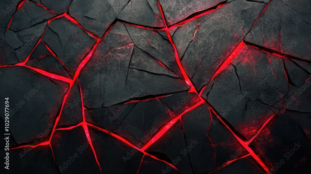 Poster textured stone background with neon red cracks forming geometric patterns, creating a dynamic visual