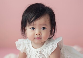 Naklejka premium Baby, portrait, childhood, innocence, expression, cute, adorable, happy, pink background, soft focus A lovely baby girl with dark hair in a white lace dress, expressing curiosity and charm