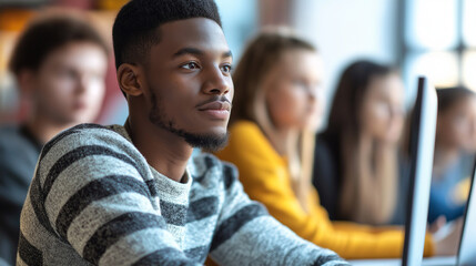 Obraz premium Focused African American Male Student in a Diverse Classroom Setting